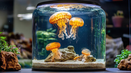 Explore the enchanting underwater world with this vibrant aquarium featuring orange jellyfish gracefully gliding through clear water, creating a captivating scene.の素材