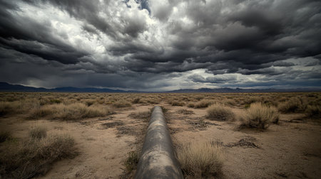A striking desert scene featuring a long pipeline stretching across the parched landscape beneath a dramatic, stormy sky, illustrating the intersection of nature and infrastructure.の素材