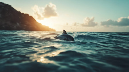 A serene moment captured at dawn, showcasing a dolphin swimming gracefully in ocean waves near a beautiful coastline under a colorful sky.の素材