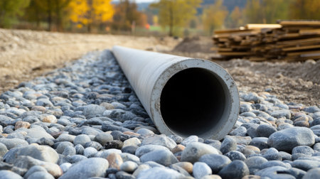 A close-up view of a concrete pipe resting on a bed of gravel, framed by an autumn landscape. This image captures construction efforts and infrastructure themes.の素材