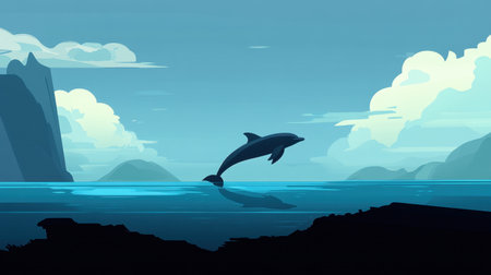 A stunning graphic illustration depicting a dolphin leaping gracefully over calm ocean waters, surrounded by tranquil mountains and a blue sky, evoking a sense of freedom and beauty.の素材