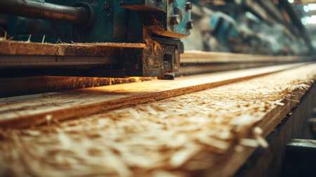 An intricate view of a wood processing machine at work, showcasing the meticulous cutting of logs into planks and the accompanying shavings in a bright workshop setting.の素材