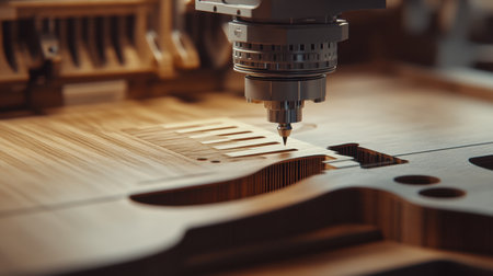 This image showcases a CNC machine intricately carving wood for guitar design, highlighting the blend of craftsmanship and modern technology in woodworking.の素材