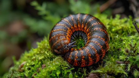A vibrant and detailed close-up of a colorful larva curled up on lush green moss, showcasing its unique patterns against a natural forest backdrop.の素材