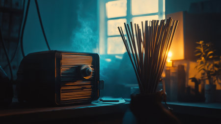 A beautifully styled vintage radio sits beside a bundle of aroma sticks in a dimly lit room, creating a warm and inviting atmosphere perfect for relaxation.の素材