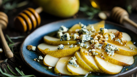 A beautiful presentation of sliced pears topped with blue cheese crumbles and a drizzle of honey, perfect for gourmet dishes, snacks, and elegant dining experiences.の素材