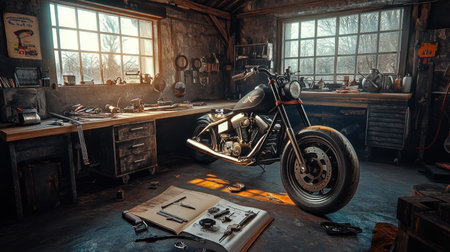 A captivating vintage motorcycle sits in a rustic workshop, surrounded by tools and mechanical parts, showcasing the beauty of classic craftsmanship and engineering.の素材