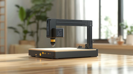A sleek CNC engraving machine is positioned elegantly on a wooden table, showcasing a combination of modern technology and creative workspace, ideal for various projects.の素材