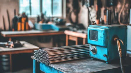 A vintage workshop scene featuring stacked metal pipes on a workbench beside blue machinery, illustrating the art of fabrication and the tools of craftsmanship in action.の素材