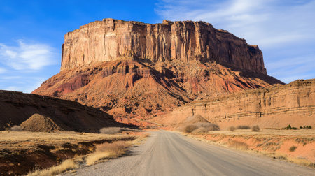 A stunning red rock formation towers majestically against a clear blue sky, with a gravel road leading into the breathtaking desert landscape, showcasing natureの素材