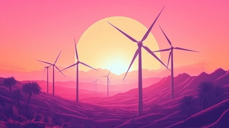 This captivating image showcases wind turbines silhouetted against a vibrant sunset, highlighting the harmony between nature and renewable energy in a stunning artistic style.の素材
