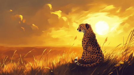 This stunning digital illustration features a cheetah silhouette against a vibrant sunset, showcasing the beauty of nature and the tranquility of wildlife in a golden landscape.の素材