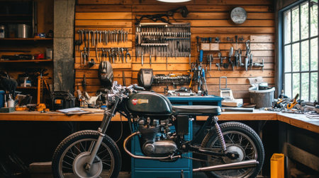Classic motorcycle positioned in a workshop filled with tools and equipment. The wooden wall and organized workbench showcase the art of motorcycle repair and customization.の素材