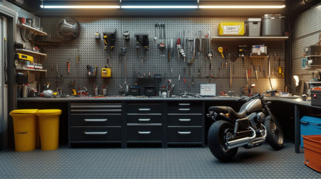 Discover an organized workshop with a motorcycle, efficient lighting, and essential tools, perfect for any DIY project or mechanical maintenance.の素材