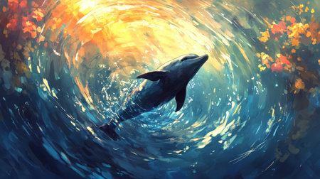 A beautiful abstract representation of a dolphin gracefully swimming in sunlight-drenched ocean waters, surrounded by colorful flora and an enchanting atmosphere.の素材