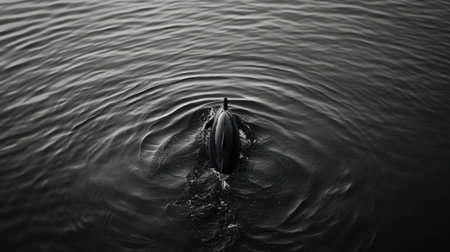 A serene black and white capture of a dolphin gliding through gentle waters, creating soft ripples in its wake, showcasing the elegance of marine life.の素材