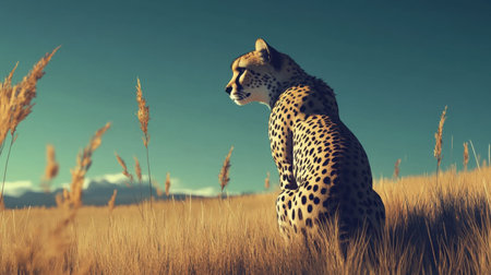 A stunning portrait of a solitary leopard resting in a golden grassland, exuding elegance and strength against a backdrop of distant mountains and clear blue skies.の素材
