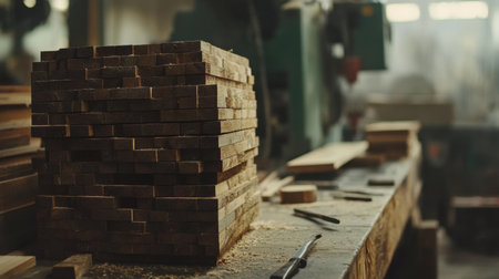 A visually inviting scene showcasing stacked wood planks on a workbench in a woodworking shop. Dust and tools suggest a creative atmosphere filled with craftsmanship.の素材