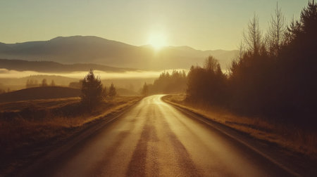 A winding road leads through a serene mountain landscape at sunrise. The soft morning mist rises over the hills, creating a peaceful and inviting atmosphere for travel lovers.の素材