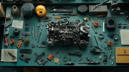 This image captures an overhead view of an engine surrounded by various mechanical tools, showcasing an organized workspace ideal for automotive repair and maintenance.の素材