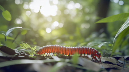 A close-up view of a vibrant red millipede crawling over a leaf with soft sunlight filtering through the lush green forest, showcasing the intricate details of nature.の素材