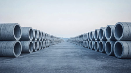 A striking image of neatly arranged concrete pipes in a straight line, creating a minimalistic industrial landscape. The scene captures an expansive view with a clear sky and distant horizon.の素材