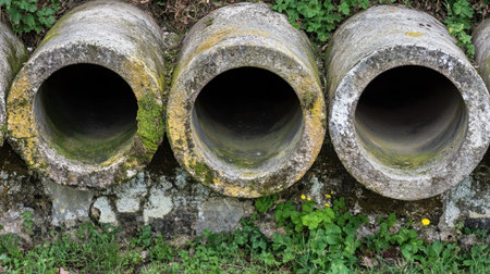 This image features three circular concrete pipes nestled in green grass, highlighting the natural surroundings and the texture of weathered materials. A striking outdoor scene.の素材
