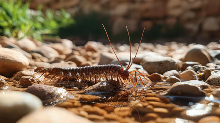 A detailed macro shot of a centipede moving through pebbles next to a stream, highlighting its natural habitat and the beauty of small creatures in nature.の素材