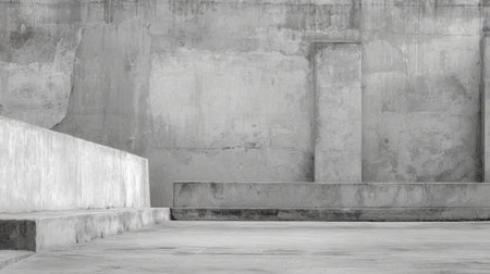 A striking minimalist composition featuring textured concrete walls and empty spaces, this monochrome image embodies modernity and tranquility, perfect for various design projects.の素材