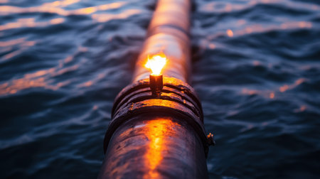 A striking industrial pipe emits a small flame, captured during sunset over serene water, showcasing the balance between human technology and natural beauty.の素材