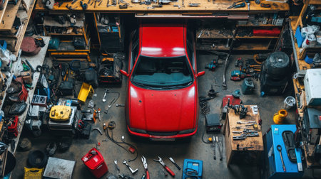 A vibrant red car is parked in a disorganized garage filled with various tools and equipment for automotive tasks, creating a unique and bustling workspace atmosphere.の素材