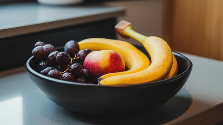 A colorful fruit bowl featuring ripe bananas, juicy grapes, and a fresh apple, beautifully arranged on a kitchen countertop, ideal for healthy eating and vibrant lifestyle.の素材