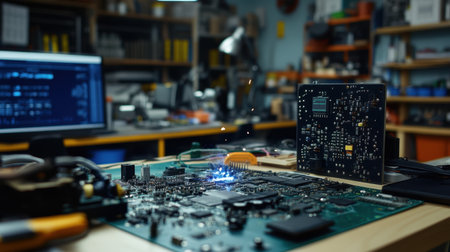 This image showcases an electronic circuit board on a workbench in a tech workshop, featuring tools, components, and a computer, highlighting precision in electronic assembly.の素材