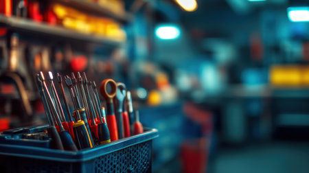 A vibrant collection of hand tools including screwdrivers and wrenches arranged in a workshop setting with a blurred background of tool storage, showcasing a craftsmanの素材