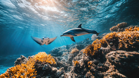 An enchanting underwater scene featuring a dolphin and a manta ray swimming gracefully among vibrant coral formations with sunlight filtering down through clear blue water.の素材
