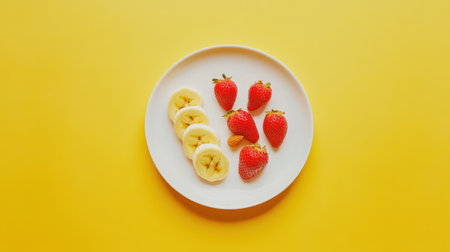 A colorful arrangement of sliced bananas and fresh strawberries on a white plate set against a bright yellow background, perfect for promoting healthy eating and freshness.の素材