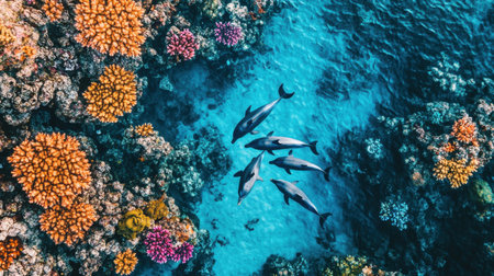Enjoy a breathtaking underwater scene featuring dolphins swimming gracefully among vibrant corals in a tropical ocean. Experience the beauty of marine life.の素材