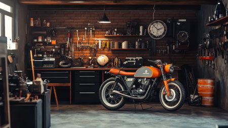 A captivating vintage motorcycle sits elegantly in a well-organized workshop filled with tools and equipment, showcasing a blend of rustic charm and retro style.の素材