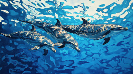 A stunning depiction of three dolphins swimming elegantly together in a vibrant blue ocean, with sunlight creating sparkling patterns on the water's surface.の素材