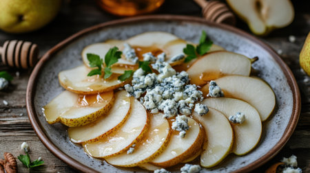 A mouth-watering arrangement of pear slices drizzled with honey and sprinkled with blue cheese, perfect as a fresh appetizer or a gourmet dessert.の素材