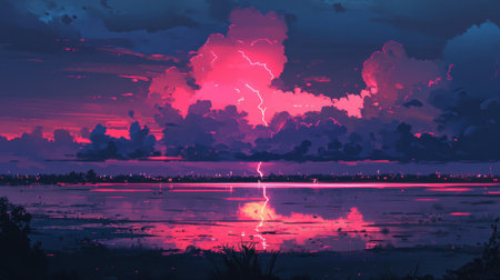 A captivating scene showcasing a vibrant sunset over a tranquil water surface with dramatic lightning strikes illuminating the sky filled with colorful clouds.の素材