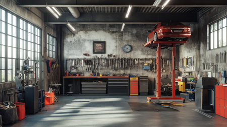 A stylish auto repair garage featuring a red car on a lift, equipped with diverse tools and a spacious layout, ideal for automotive repair and maintenance tasks.の素材