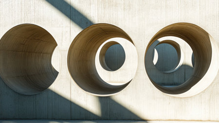 This captivating image showcases a series of circular concrete structures, emphasizing light and shadow interplay, perfect for modern architectural themes or abstract designs.の素材