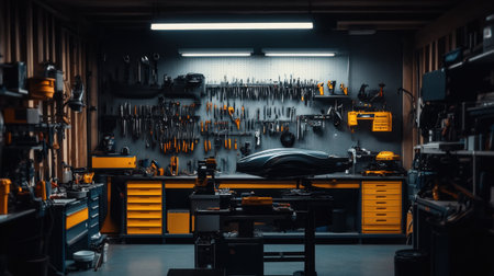 A modern workshop interior featuring a meticulously organized array of tools and equipment. The space reflects creativity and craftsmanship, creating an inspiring work environment.の素材