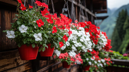 A stunning display of red and white petunia flowers in hanging baskets creates a colorful scene against a rustic wooden wall, complemented by green mountainous backdrop.の素材