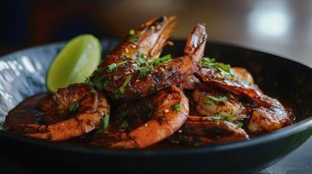 A vibrant display of grilled shrimp elegantly arranged in a black plate, garnished with fresh herbs and a lime wedge, perfect for capturing appetizing moments.の素材