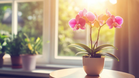 A stunning pink orchid in a sleek white pot bathes in warm sunlight by a window, creating a serene and relaxing indoor atmosphere with lush greenery.の素材