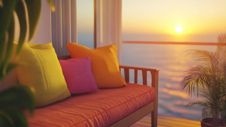 A cozy outdoor seating area featuring colorful cushions, perfect for enjoying a serene sunset over a tranquil sea, evoking relaxation and peace.の素材