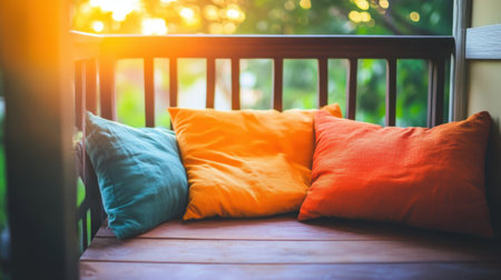 A beautifully arranged outdoor seating area featuring colorful cushions that invite relaxation. The warm sunlight and lush greenery enhance the peaceful atmosphere.の素材