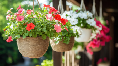 Experience the beauty of vibrant petunia flowers in hanging baskets, adding charm to any garden or outdoor space, creating a cheerful and inviting atmosphere.の素材
